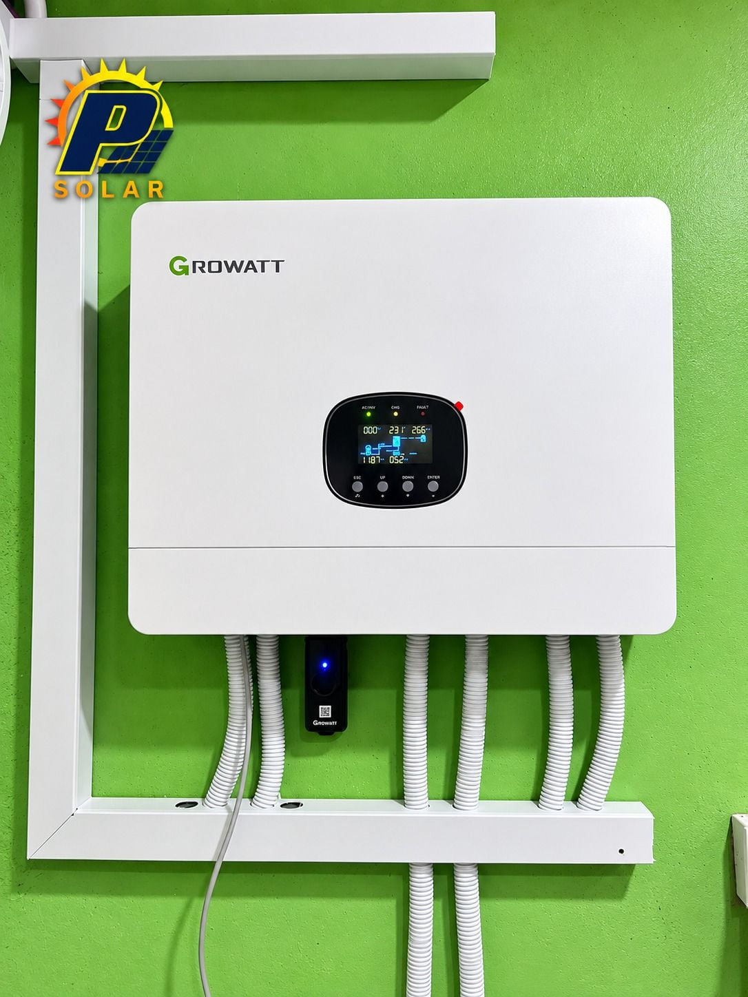 The wall-mounted Growatt inverter with its conduit runs dressed in.